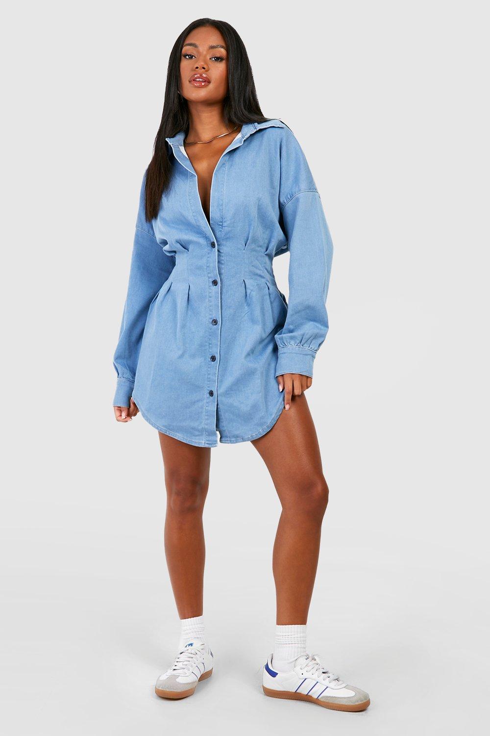 Women s Cinched Waist Denim Shirt Dress Boohoo UK